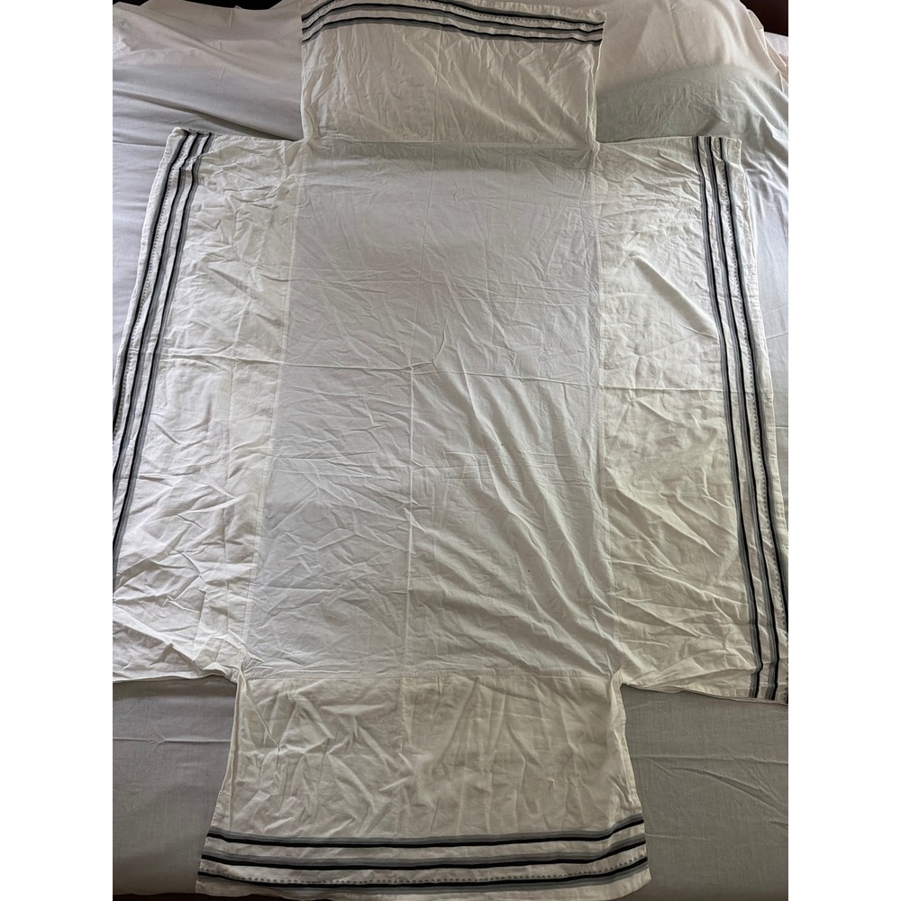 Crate & Kids Bed Skirt White Linen Cotton Embroidered Grey Black Stripes 550417